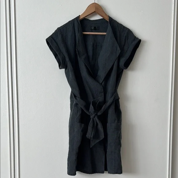 AYR S The Utility Linen Short-Sleeve Wrap Dress in Dark Teal